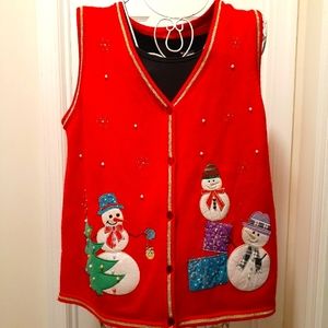 Women's Red Christmas Holiday Snowman Tree Presents Sweater Vest, Size XL 16-18